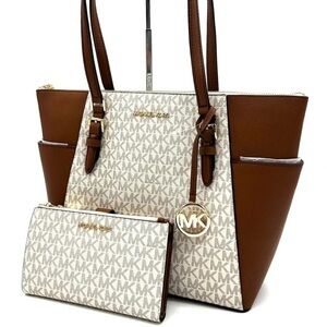 Michael Kors Large Charlotte Tote Bag & Large Double Zip Wallet Vanilla/Brown